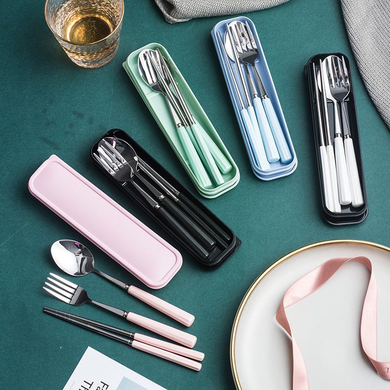 Ceramic stainless steel cutlery set with utensil case - student dinnerware, kids' home fork, spoon, chopsticks 3-piece set - wholesale