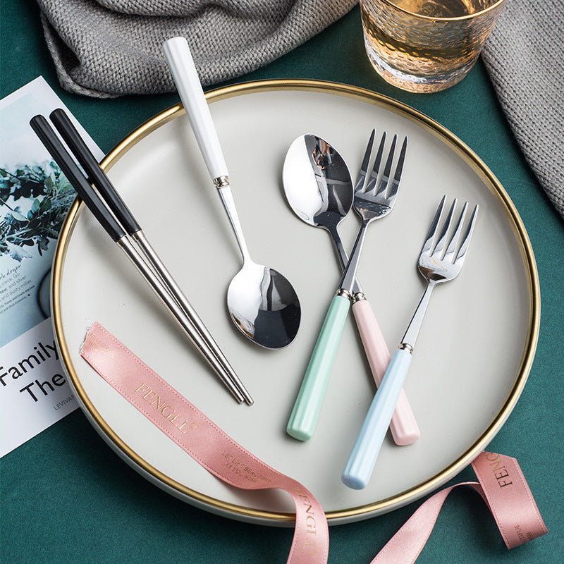 Ceramic stainless steel cutlery set with utensil case - student dinnerware, kids' home fork, spoon, chopsticks 3-piece set - wholesale