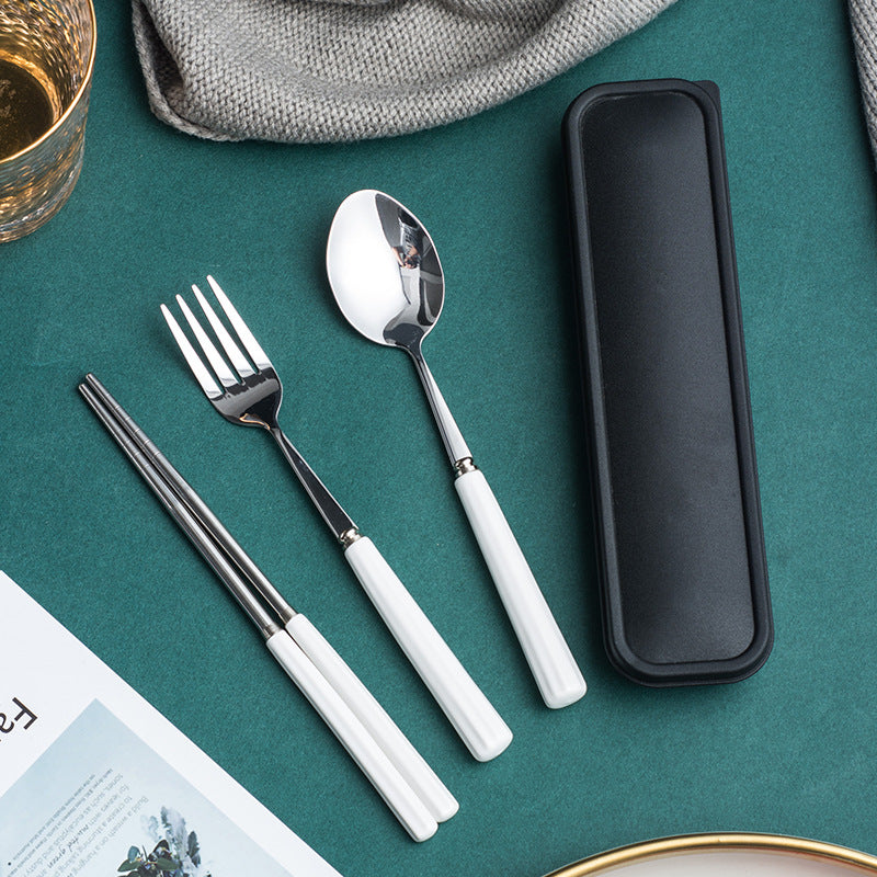 Ceramic stainless steel cutlery set with utensil case - student dinnerware, kids' home fork, spoon, chopsticks 3-piece set - wholesale