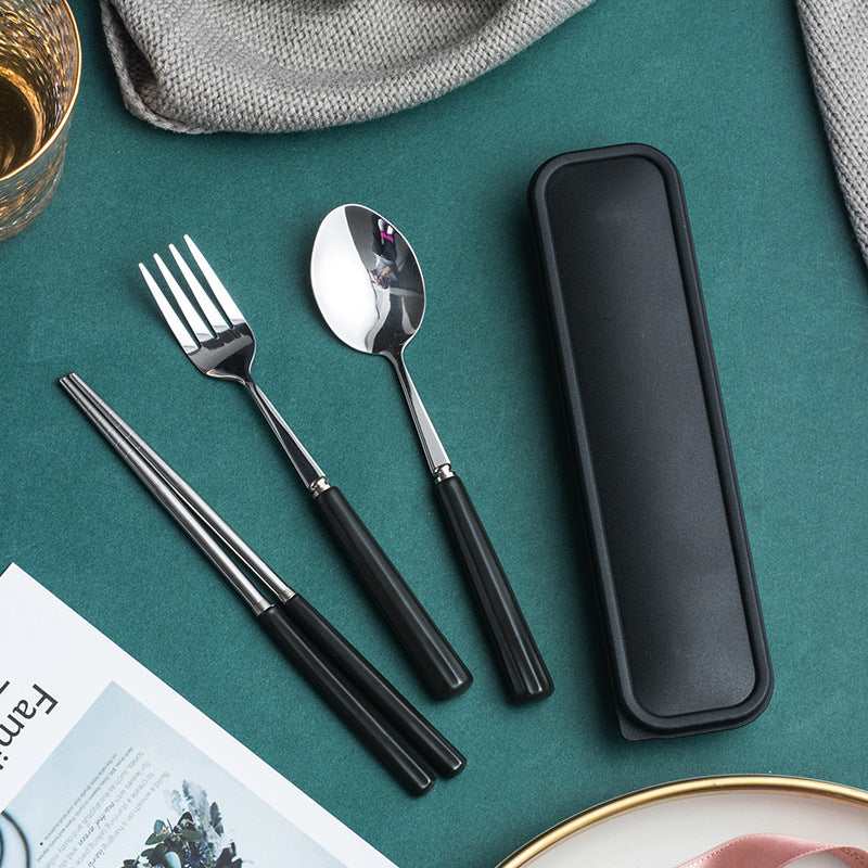 Ceramic stainless steel cutlery set with utensil case - student dinnerware, kids' home fork, spoon, chopsticks 3-piece set - wholesale