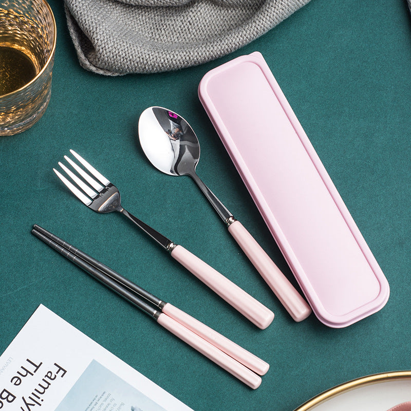 Ceramic stainless steel cutlery set with utensil case - student dinnerware, kids' home fork, spoon, chopsticks 3-piece set - wholesale