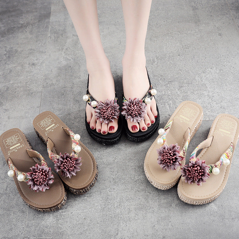Fashioneasiest for match flip-flops women's platform sandals wedge heel thick sole flip-flops summer beach outwear medium heel vacation slippers
