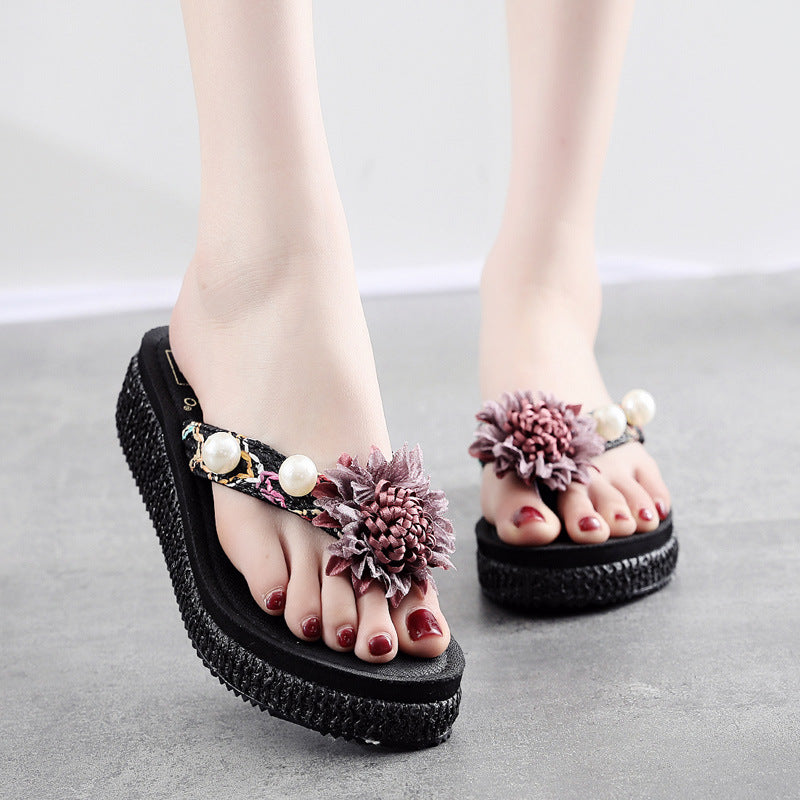 Fashioneasiest for match flip-flops women's platform sandals wedge heel thick sole flip-flops summer beach outwear medium heel vacation slippers