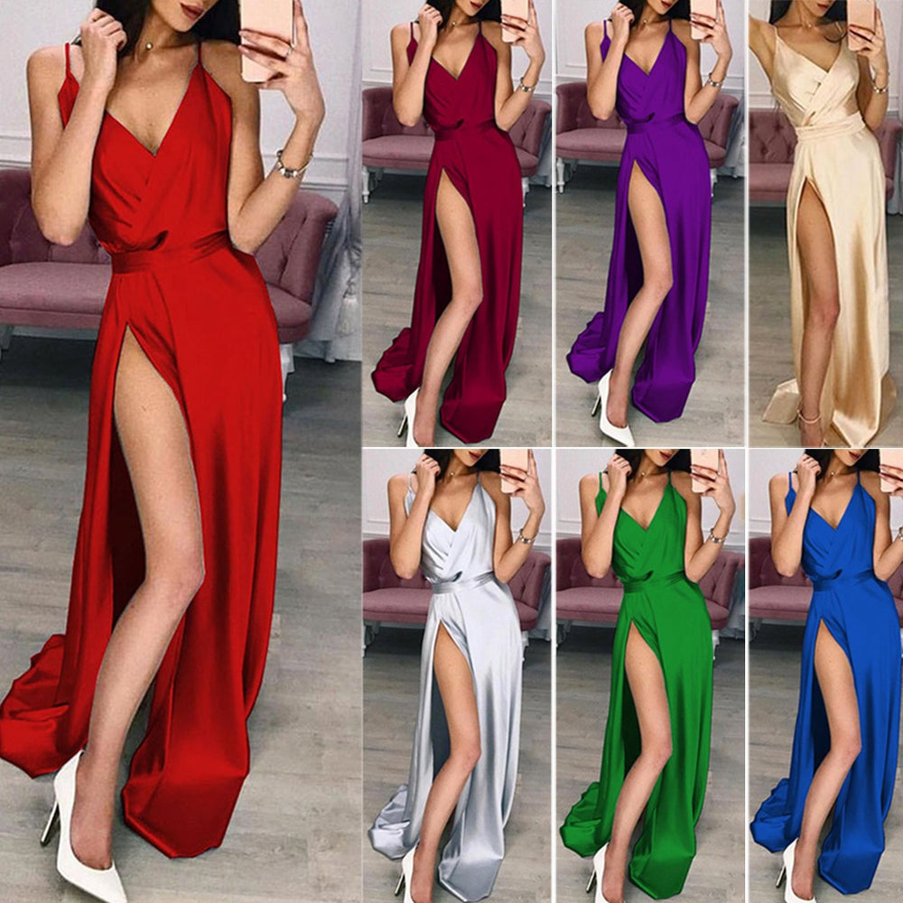 summer new arrivals: european and american style sexy v-neck cami dress with slit and floor-length skirt - evening gown