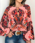 spring/summer new women's fashion: unique digital print round neck lantern sleeve blouse 5006 - large inventory available now