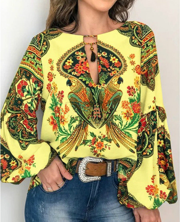 spring/summer new women's fashion: unique digital print round neck lantern sleeve blouse 5006 - large inventory available now