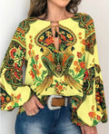 spring/summer new women's fashion: unique digital print round neck lantern sleeve blouse 5006 - large inventory available now