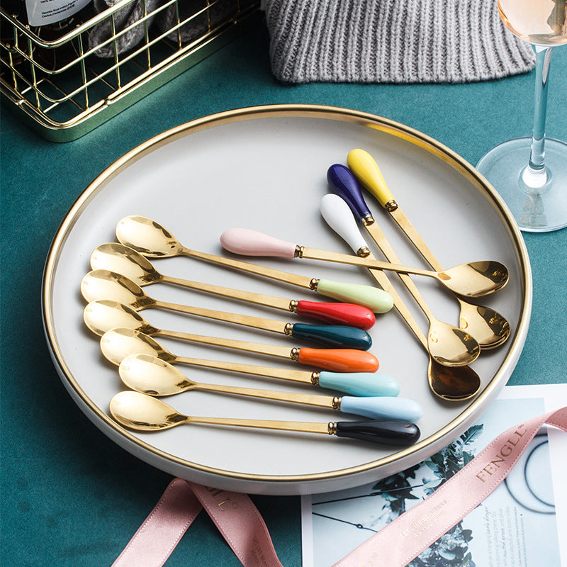 dopamine color ceramic handle spoon for home stainless steel mixing spoon ice cream coffee spoon long handle spoon