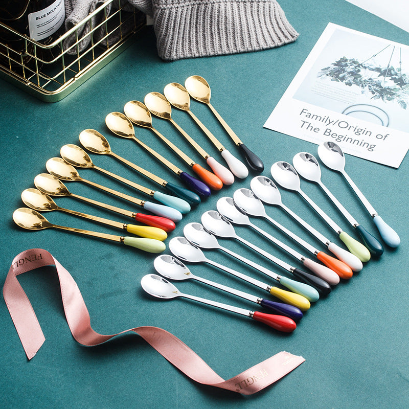 dopamine color ceramic handle spoon for home stainless steel mixing spoon ice cream coffee spoon long handle spoon