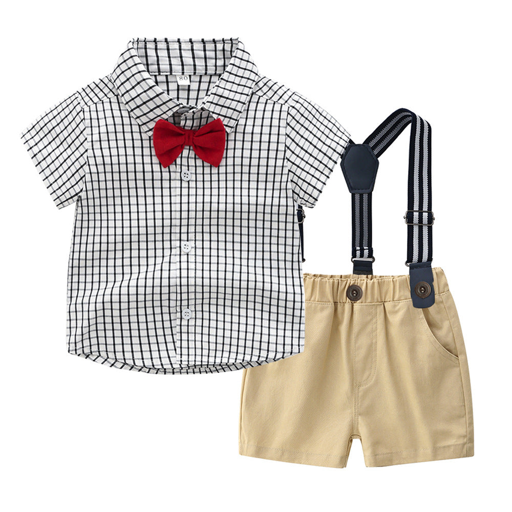 European and american boys' and girls' plaid short-sleeved shirt and shorts two-piece set, in stock. boyclothes british style outfit