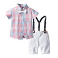 Summer boys' new short-sleeve plaid suspender set with bow tie - two-piece children's formal outfit for birthday celebrations and special occasions