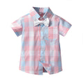 Summer boys' new short-sleeve plaid suspender set with bow tie - two-piece children's formal outfit for birthday celebrations and special occasions
