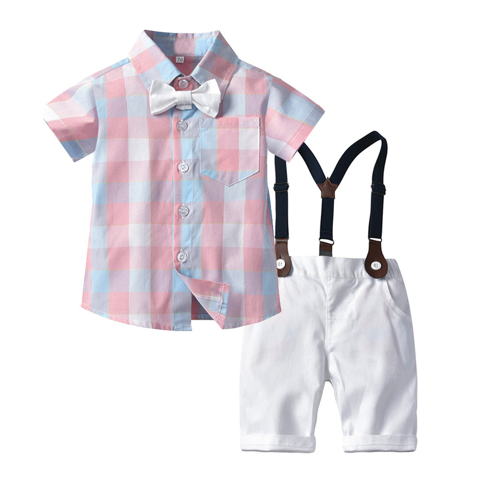 Summer boys' new short-sleeve plaid suspender set with bow tie - two-piece children's formal outfit for birthday celebrations and special occasions
