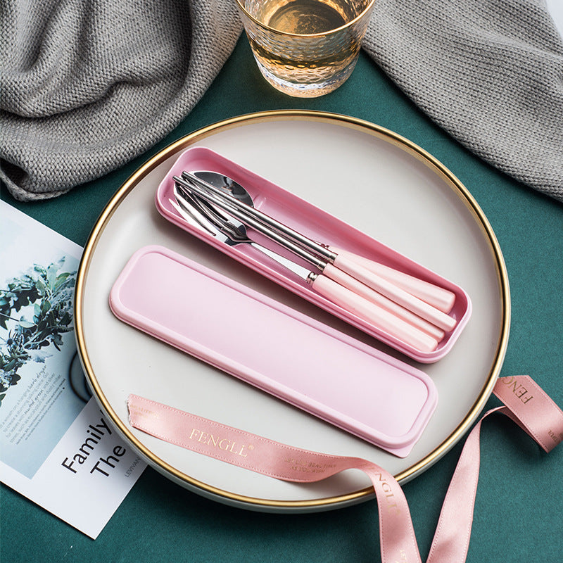 Ceramic stainless steel cutlery set with utensil case - student dinnerware, kids' home fork, spoon, chopsticks 3-piece set - wholesale
