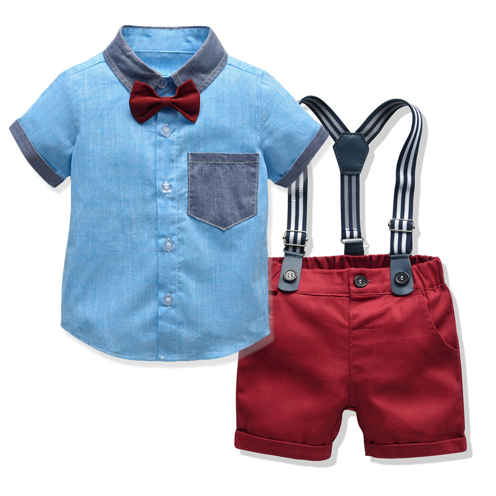 European and american summer cross-border children's clothing: boys' color block short-sleeve overalls, kids' outfit, birthday dress