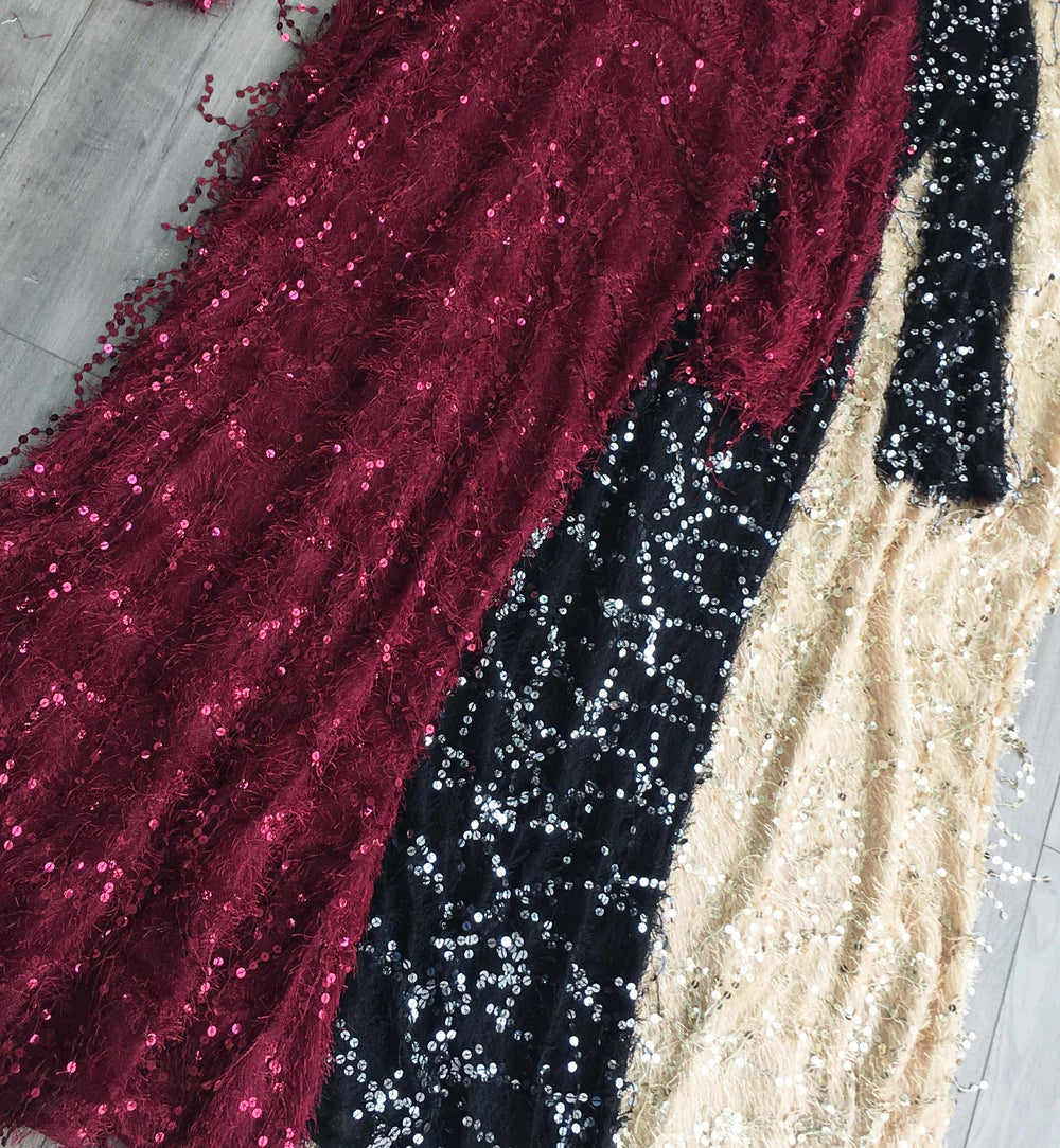 hot-selling tassel fringe sequin high-neck long-sleeve mini dress with a fishtail maxi skirt