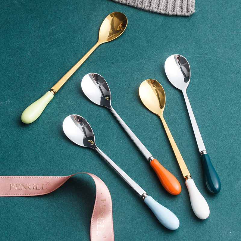 dopamine color ceramic handle spoon for home stainless steel mixing spoon ice cream coffee spoon long handle spoon