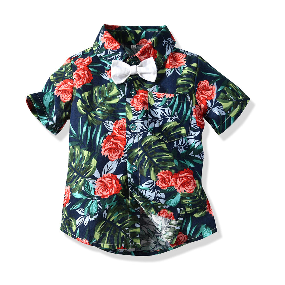 European and american children's clothing new arrivals: summer trendy floral print short-sleeve shirt and shorts set for boys - hawaiian beach style