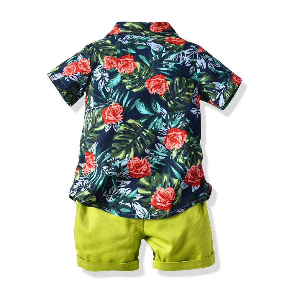 European and american children's clothing new arrivals: summer trendy floral print short-sleeve shirt and shorts set for boys - hawaiian beach style