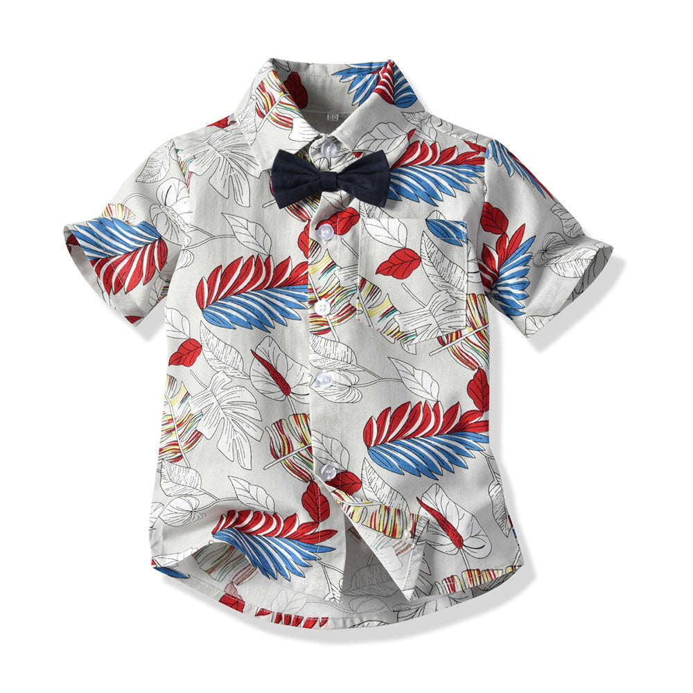 Manufacturer's new summer short-sleeved shorts two-piece set kids feather printingsuit cross-border children's clothing baby suit
