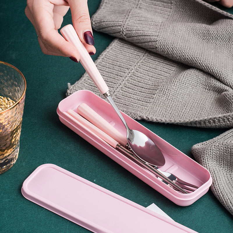 Ceramic stainless steel cutlery set with utensil case - student dinnerware, kids' home fork, spoon, chopsticks 3-piece set - wholesale