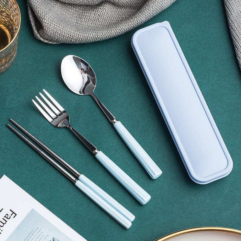 Ceramic stainless steel cutlery set with utensil case - student dinnerware, kids' home fork, spoon, chopsticks 3-piece set - wholesale