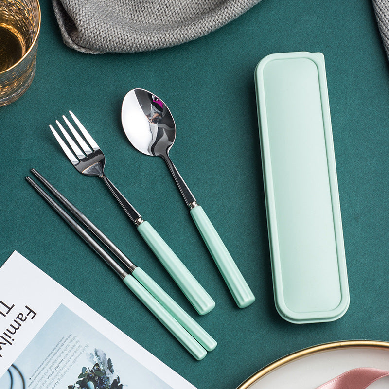 Ceramic stainless steel cutlery set with utensil case - student dinnerware, kids' home fork, spoon, chopsticks 3-piece set - wholesale