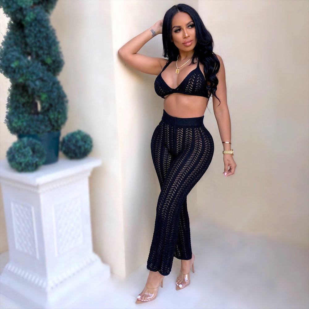 summer new european and american sexy women's fashion knitted mesh hollow-out see-through two-piece set - hot cross-border seller