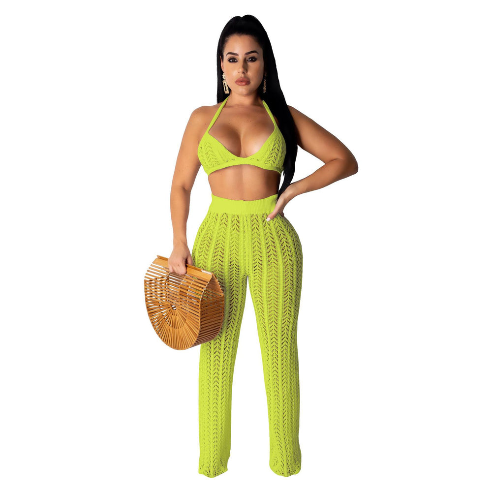 summer new european and american sexy women's fashion knitted mesh hollow-out see-through two-piece set - hot cross-border seller