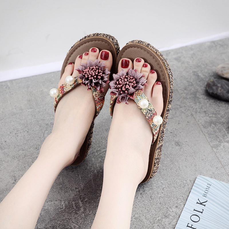 Fashioneasiest for match flip-flops women's platform sandals wedge heel thick sole flip-flops summer beach outwear medium heel vacation slippers