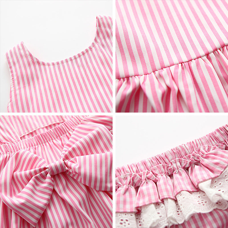 Baby girl summer new plaid dress set: sleeveless bowknot tank top + shorts two-piece outfit