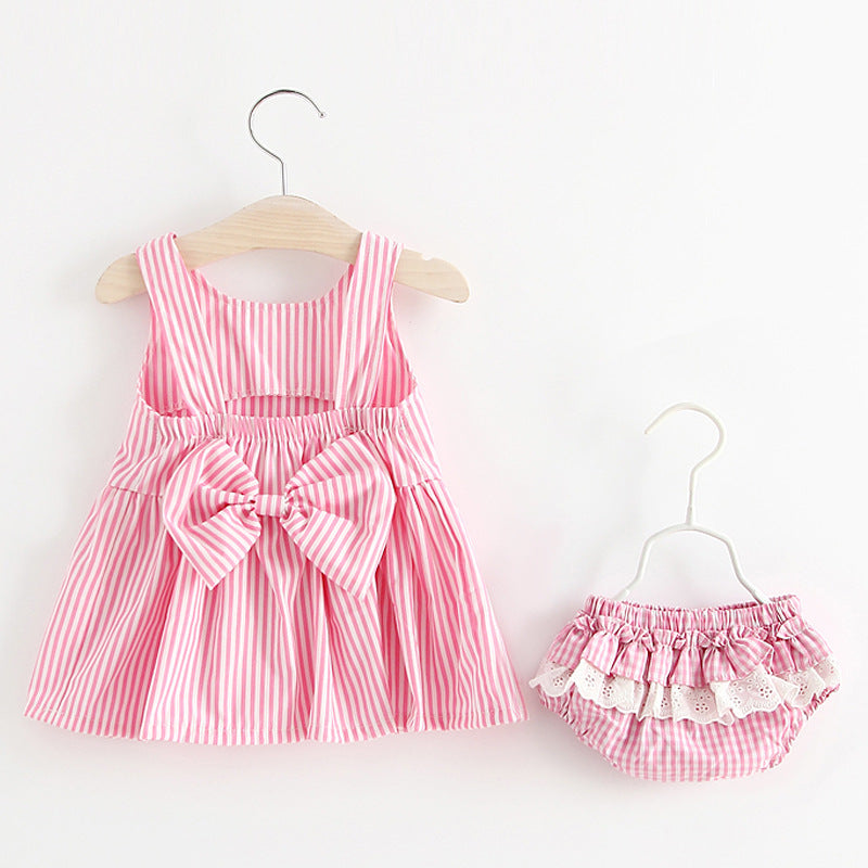 Baby girl summer new plaid dress set: sleeveless bowknot tank top + shorts two-piece outfit