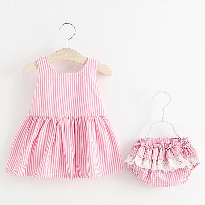 Baby girl summer new plaid dress set: sleeveless bowknot tank top + shorts two-piece outfit