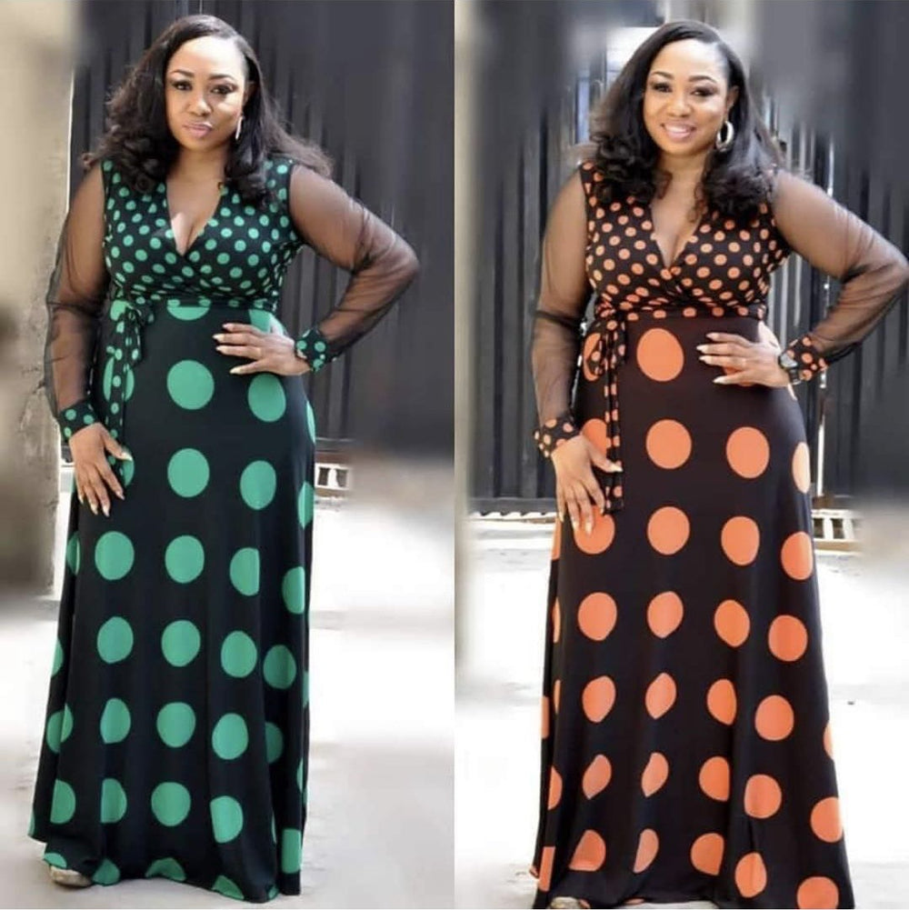 african plus size women's clothing  lace knit stretch printed circle dress with belt and long sleeves