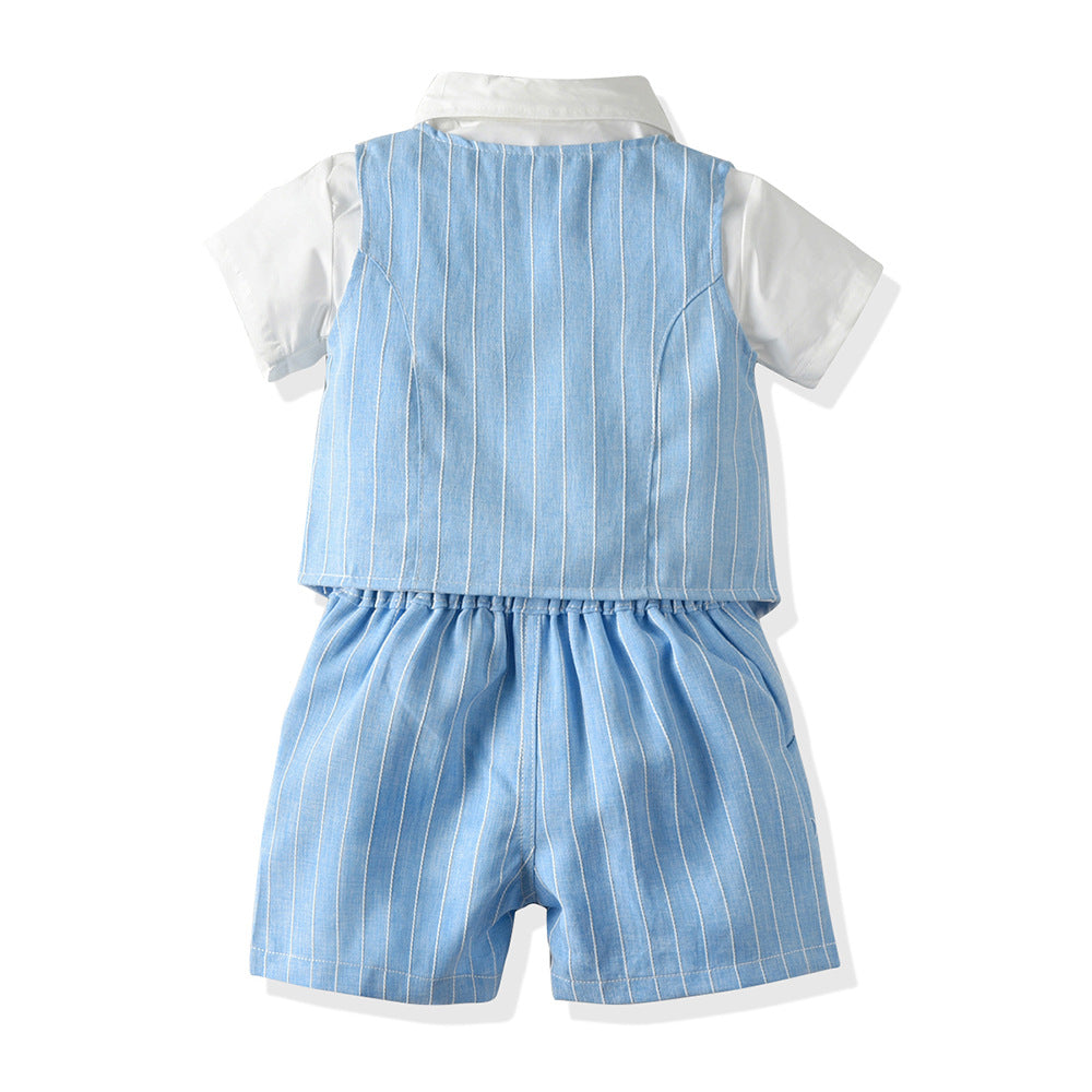 Summer kids' short-sleeve polo shirt three-piece set with striped shorts and blazer - european & american style for boys