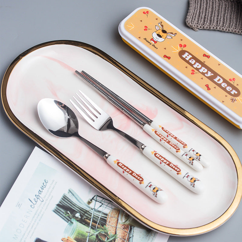 Creative children's ceramic stainless steel cutlery set - cartoon chopsticks, spoon, and fork - portable 3-piece dinnerware set - wholesale