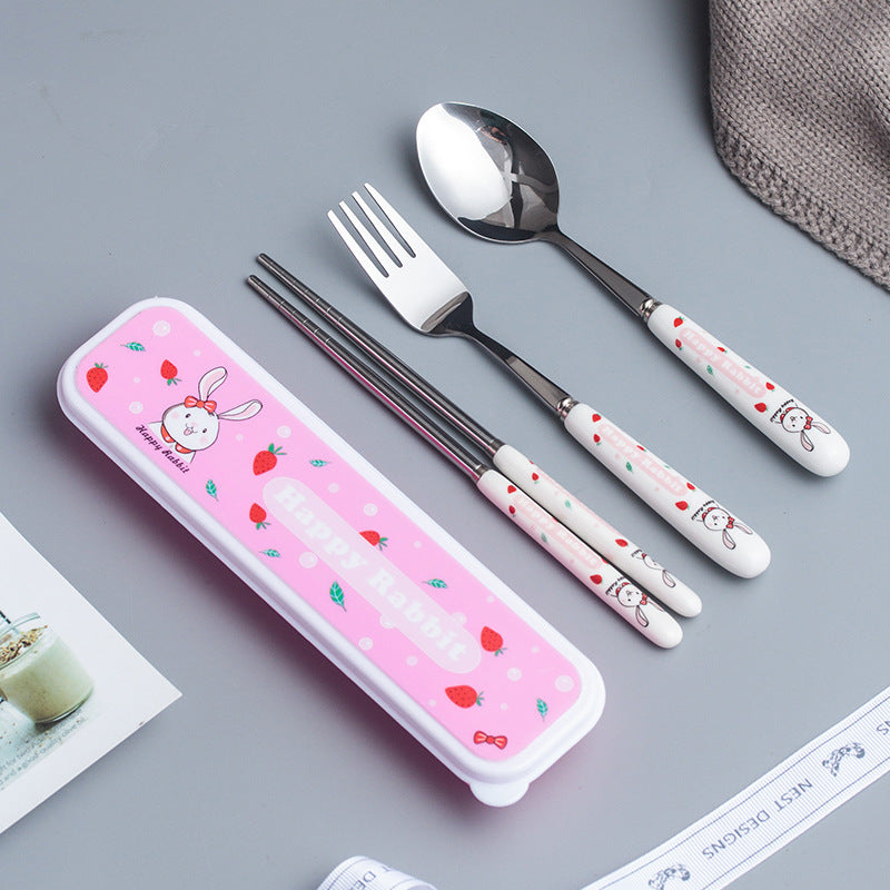 Creative children's ceramic stainless steel cutlery set - cartoon chopsticks, spoon, and fork - portable 3-piece dinnerware set - wholesale