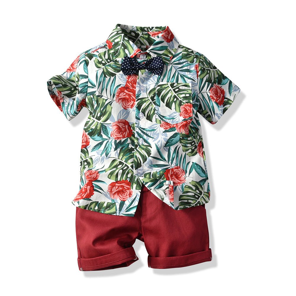 Summer boys' new fashion printed shirt cardigan short sleeve shorts hawaiian vacation beach style outfit
