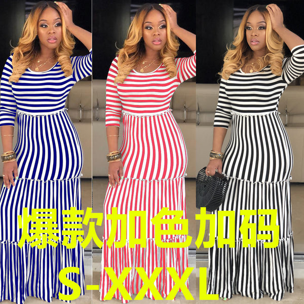 Z025 European and American sexy women's clothing   supply classic striped characteristic floor mopping dress