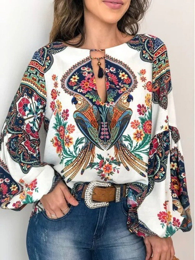 spring/summer new women's fashion: unique digital print round neck lantern sleeve blouse 5006 - large inventory available now