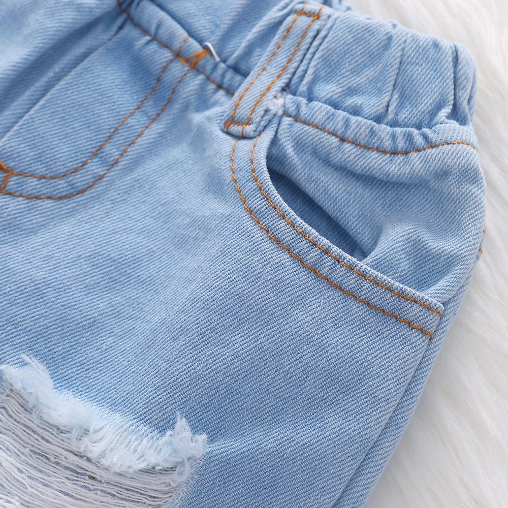 Amazon bestseller: girls' flutter sleeve woven sunflower print brushed denim distressed jeans, headscarf three-piece set - european & american style