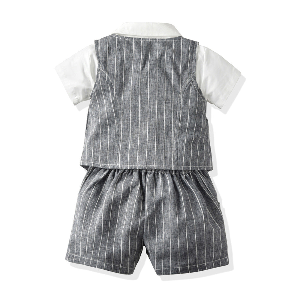 Children's spring/summer british style striped vest three-piece set - baby's first birthday outfit & occasion wear