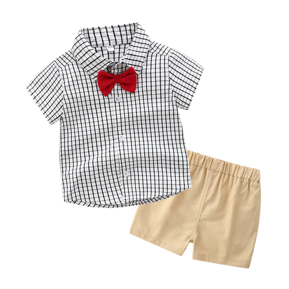 European and american boys' and girls' plaid short-sleeved shirt and shorts two-piece set, in stock. boyclothes british style outfit