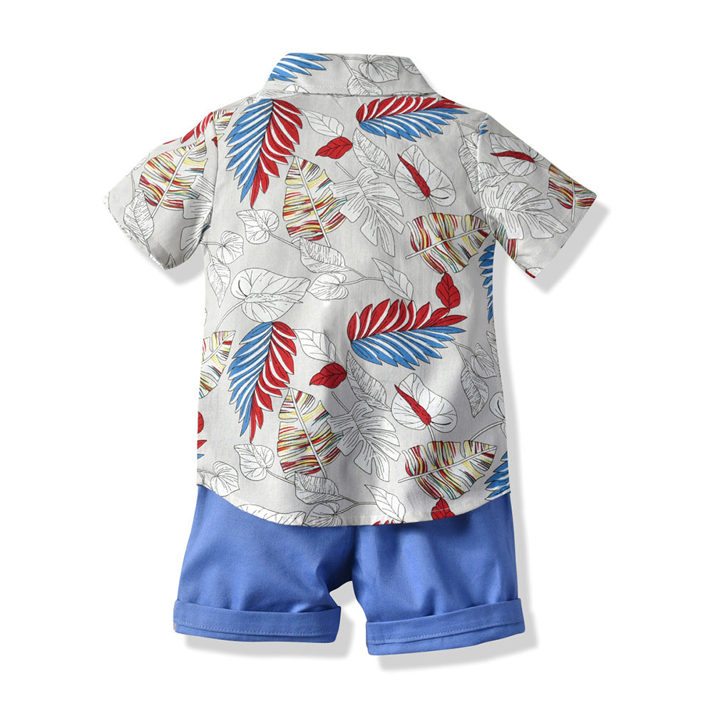 Manufacturer's new summer short-sleeved shorts two-piece set kids feather printingsuit cross-border children's clothing baby suit