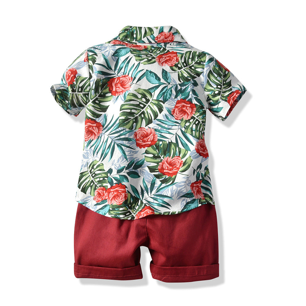 Summer boys' new fashion printed shirt cardigan short sleeve shorts hawaiian vacation beach style outfit