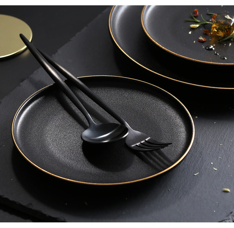 Ceramic dinnerware black matte gold rim steak plate high-end hotel home western dinner plate salad plate dish