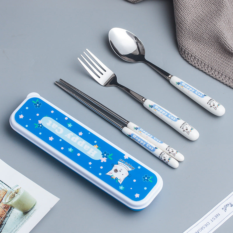 Creative children's ceramic stainless steel cutlery set - cartoon chopsticks, spoon, and fork - portable 3-piece dinnerware set - wholesale