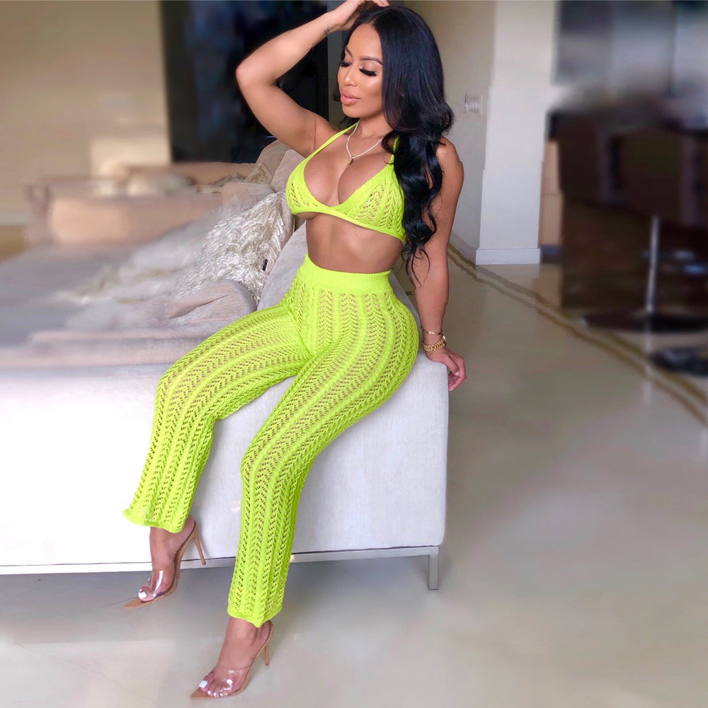 summer new european and american sexy women's fashion knitted mesh hollow-out see-through two-piece set - hot cross-border seller
