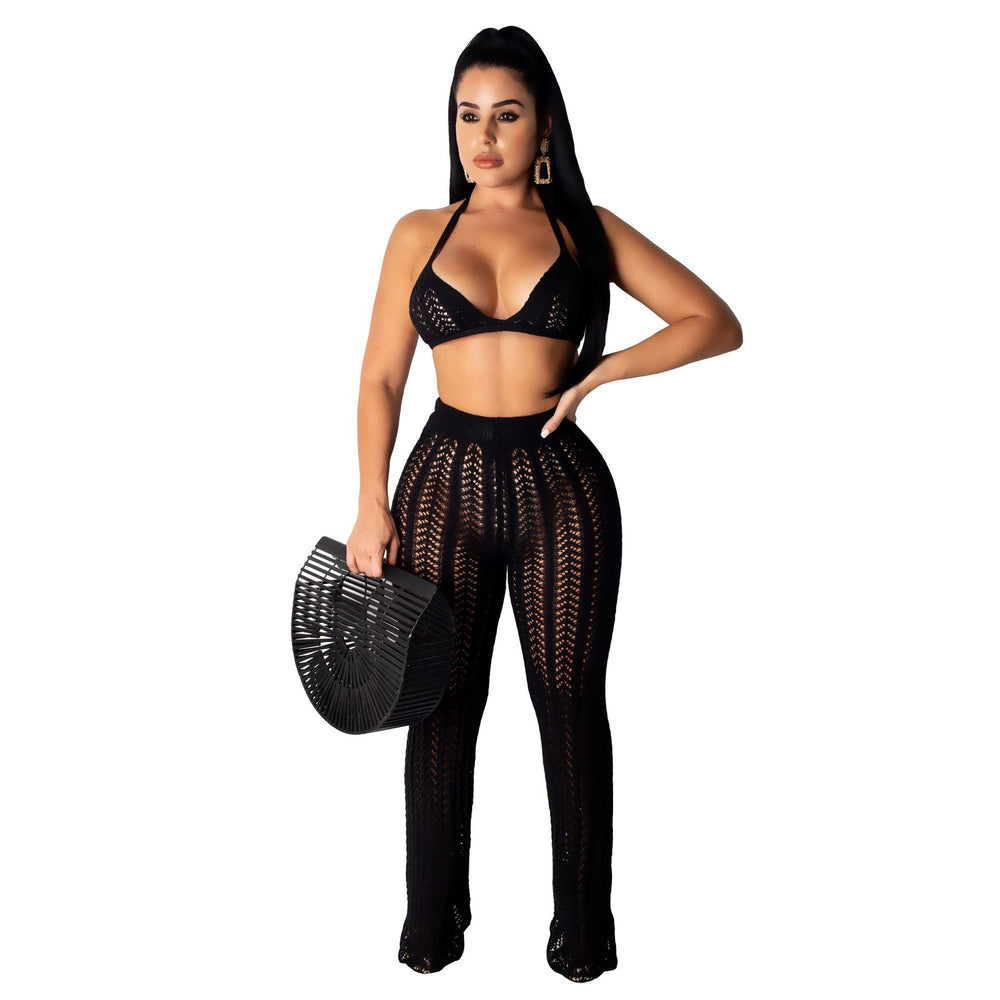 summer new european and american sexy women's fashion knitted mesh hollow-out see-through two-piece set - hot cross-border seller