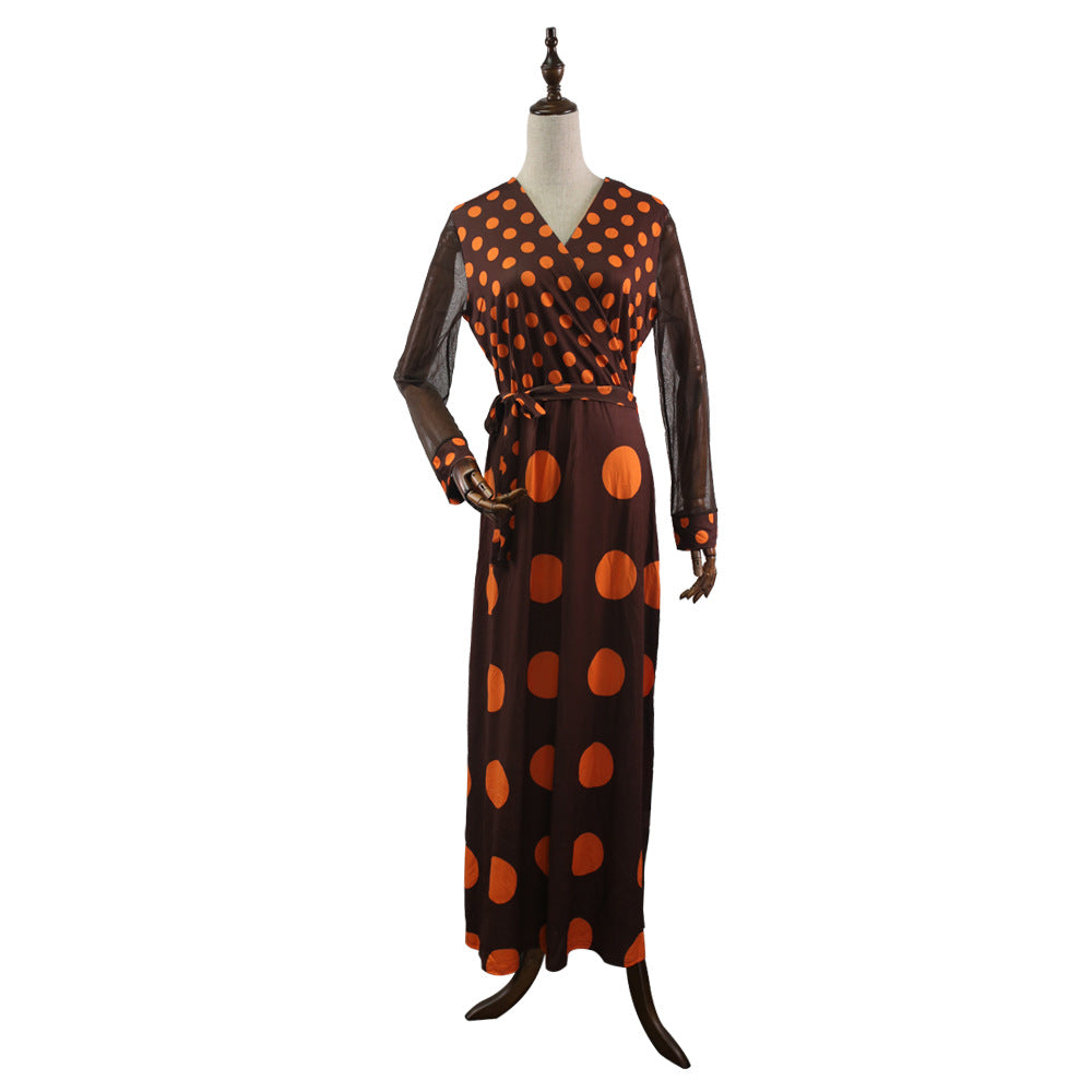 african plus size women's clothing  lace knit stretch printed circle dress with belt and long sleeves